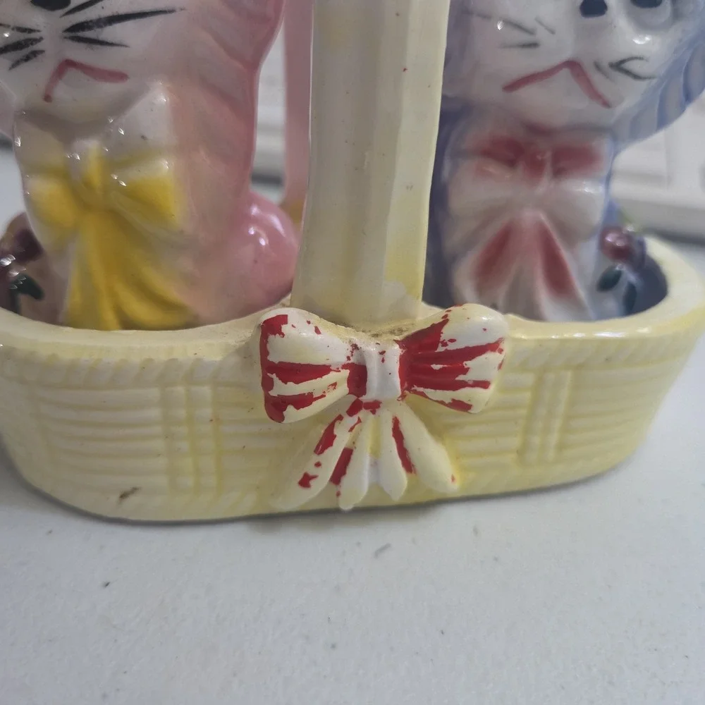 Salt & Pepper Shakers Vintage Mid Century Pink & Blue Cats Bows Basket Japan